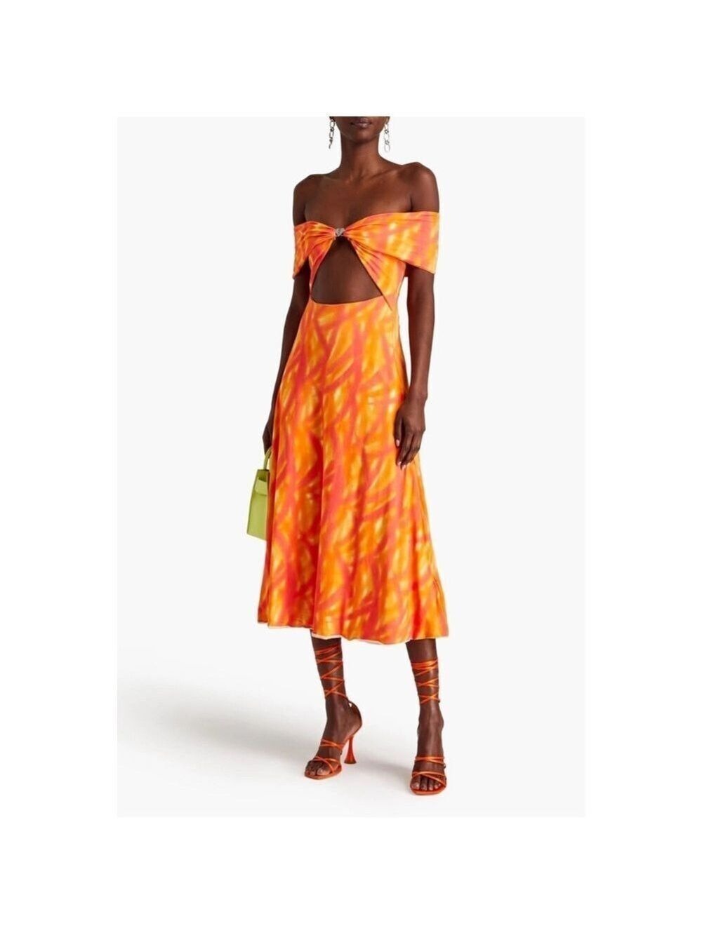 ROTATE Birger Christensen Orange Off Shoulder Cutout Midi Dress XS XXS
